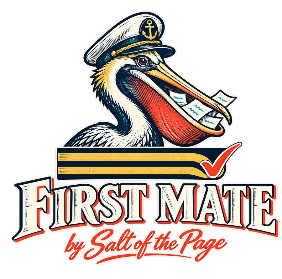First Mate by Salt of the Page: a brown pelican in a first mate’s cap scooping up loose pages, above gold rank stripes and a red check mark