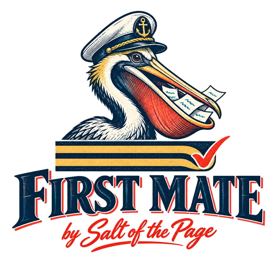 First Mate by Salt of the Page: a brown pelican in a first mate’s cap scooping up loose pages, above gold rank stripes and a red check mark