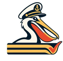 The First Mate pelican in his cap, scooping up loose pages