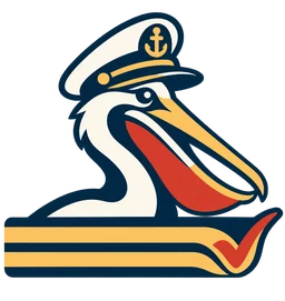 The First Mate pelican in his cap, scooping up loose pages
